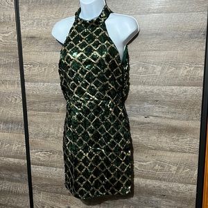 Green and gold sequin halter dress